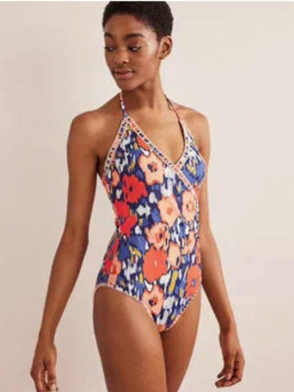 NWT Boden Crochet Trim Wrap Top One Piece Swimsuit Navy Blue Orange Floral 14